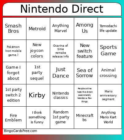 Nintendo Direct Bingo Card