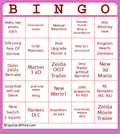 Nintendo Direct Bingo Card