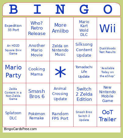 Nintendo Direct Bingo Card