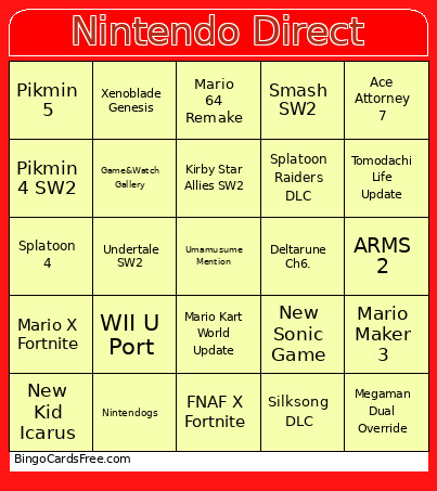 Nintendo Direct Bingo Card