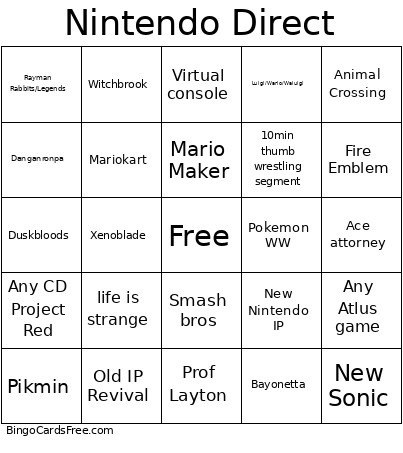 Nintendo Direct Bingo Card