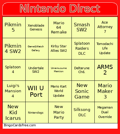 Nintendo Direct Bingo Card 2