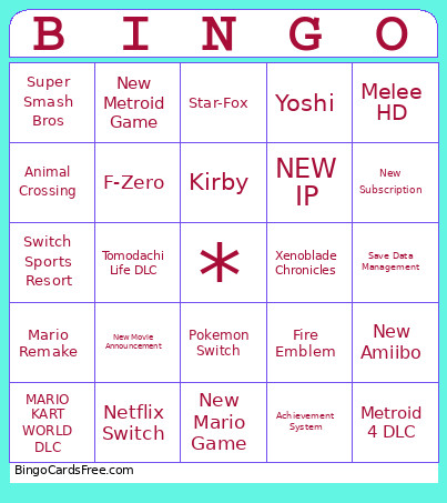 Nintendo Direct Bingo Card