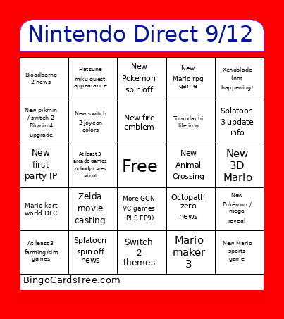 Nintendo Direct 9/12 Bingo Card
