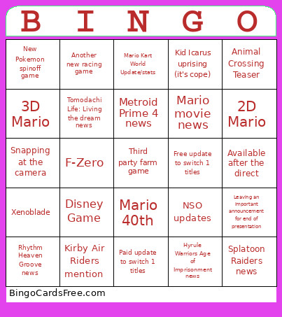Nintendo Direct 9/12 Bingo Card 2