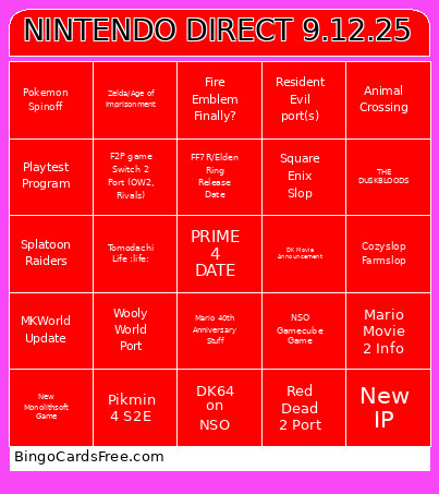 Nintendo Direct 9.12.25 Bingo Card 2