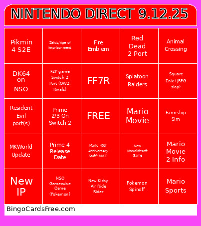 NINTENDO DIRECT 9.12.25 Bingo Card