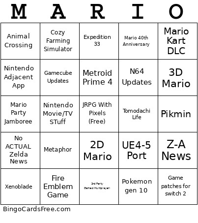 Nintendo Direct 9/12/25 Bingo Card
