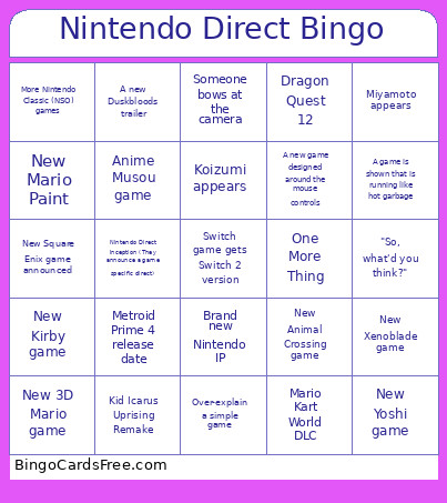 Nintendo Direct 9.12.25 Bingo Card