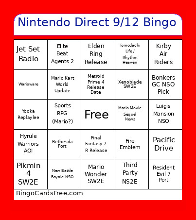 Nintendo Direct 9/12 Bingo Card 2