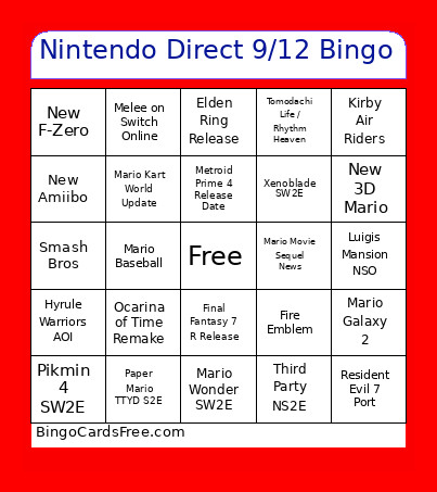 Nintendo Direct 9/12 Bingo Card