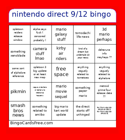 Nintendo Direct 9/12 Bingo Card