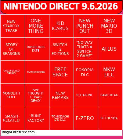NINTENDO DIRECT 9.6.2026 Bingo Card