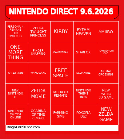 NINTENDO DIRECT 9.6.2026 Bingo Card