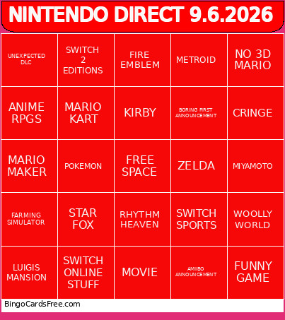 NINTENDO DIRECT 9.6.2026 Bingo Card