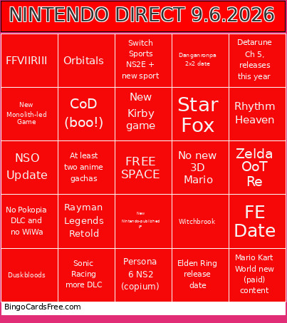 NINTENDO DIRECT 9.6.2026 Bingo Card 2