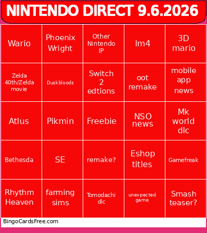 NINTENDO DIRECT 9.6.2026 Bingo Card