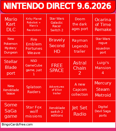 NINTENDO DIRECT 9.6.2026 Bingo Card