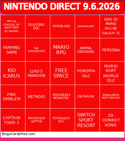 NINTENDO DIRECT 9.6.2026 Bingo Card