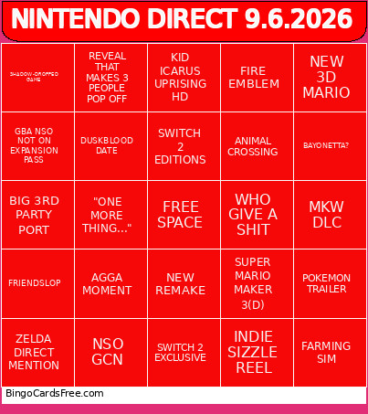 NINTENDO DIRECT 9.6.2026 Bingo Card