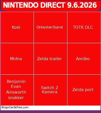 NINTENDO DIRECT 9.6.2026 Bingo Card