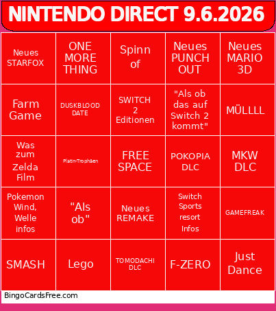 NINTENDO DIRECT 9.6.2026 Bingo Card