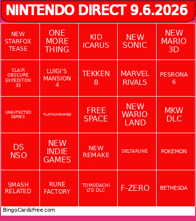 NINTENDO DIRECT 9.6.2026 Bingo Card