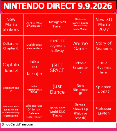 NINTENDO DIRECT 9.9.2026 Bingo Card