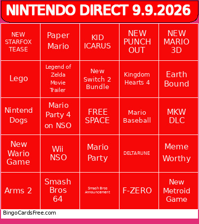 NINTENDO DIRECT 9.9.2026 Bingo Card