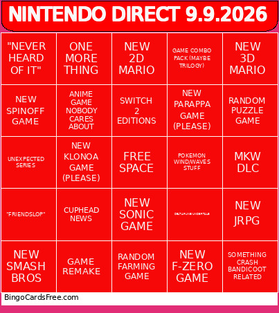 NINTENDO DIRECT 9.9.2026 Bingo Card