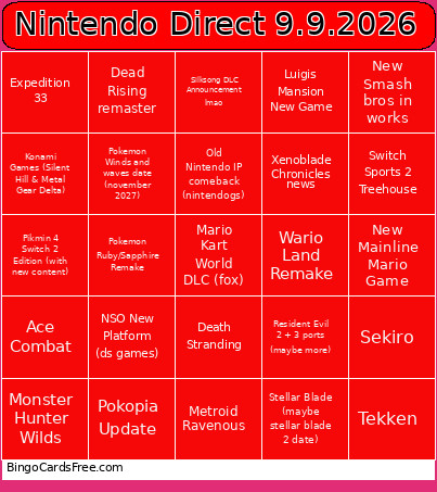 Nintendo Direct 9.9.2026 Bingo Card 2