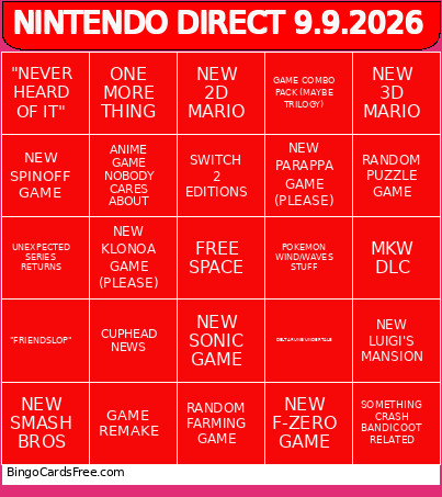 NINTENDO DIRECT 9.9.2026 Bingo Card