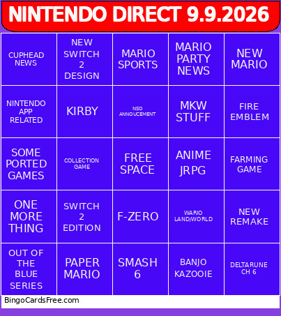 NINTENDO DIRECT 9.9.2026 Bingo Card 2