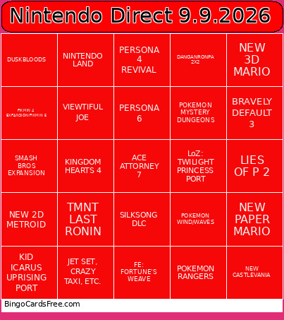 Nintendo Direct 9.9.2026 Bingo Card