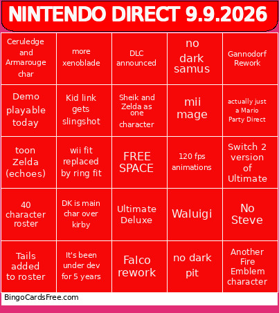 Nintendo Direct 9.9.2026 Bingo Card