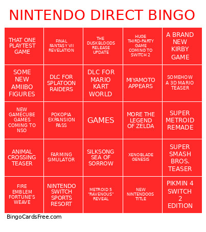 Nintendo Direct 9/9/2026 Bingo Card