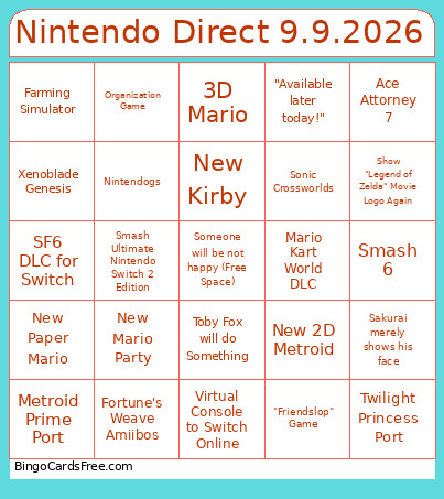Nintendo Direct 9.9.2026 Bingo Card 2