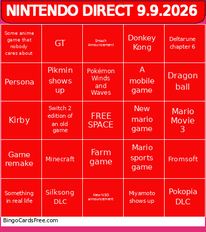 NINTENDO DIRECT 9.9.2026 Bingo Card