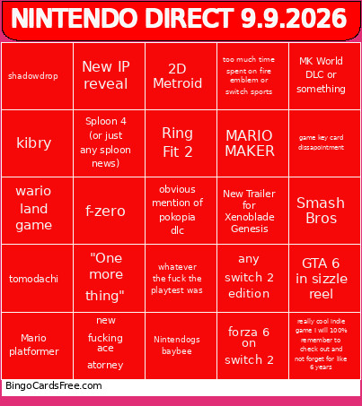 NINTENDO DIRECT 9.9.2026 Bingo Card