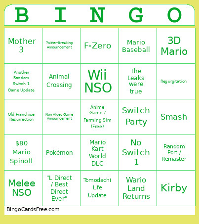 Nintendo Direct 9-9-2026 Bingo Card