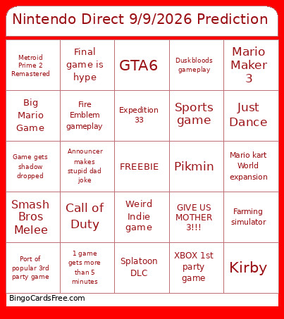 Nintendo Direct 9/9/2026 Prediction Bingo Card