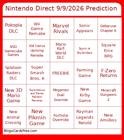 Nintendo Direct 9/9/2026 Prediction Bingo Card