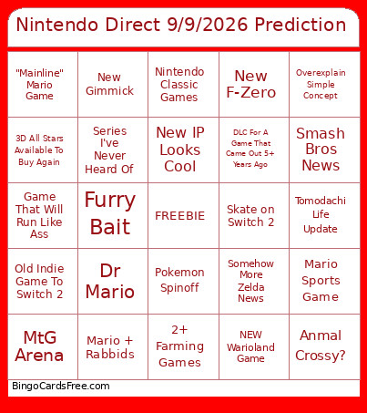 Nintendo Direct 9/9/2026 Prediction Bingo Card