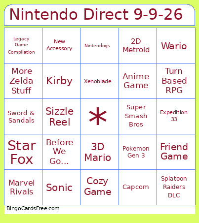 Nintendo Direct 9-9-26 Bingo Card