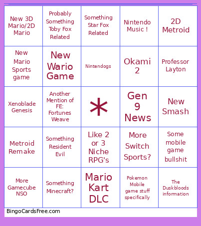 Nintendo Direct 9/9/26 Bingo Card