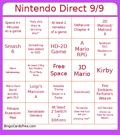 Nintendo Direct 9/9 Bingo Card