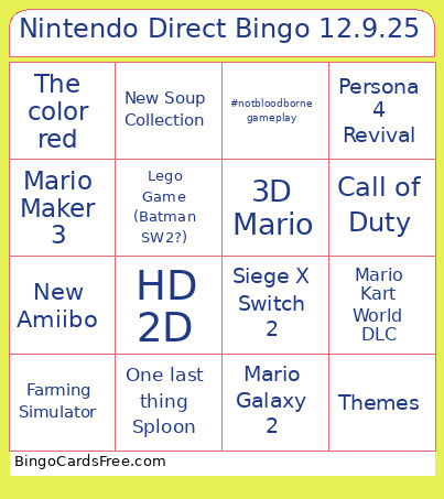 Nintendo Direct 12.9.25 Bingo Card
