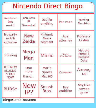 Nintendo Direct Bingo Card