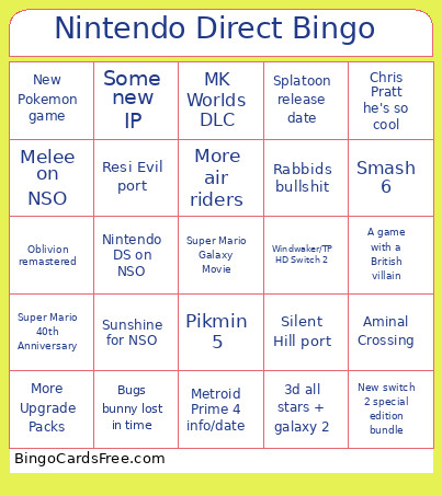 Nintendo Direct Bingo Card 3