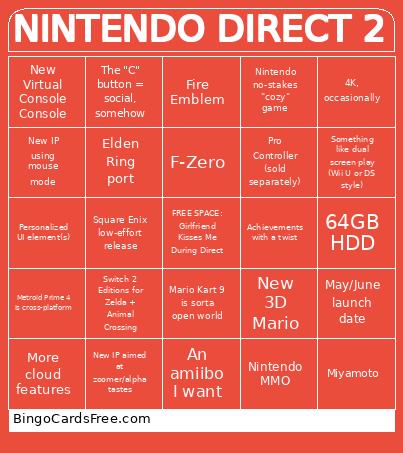 Nintendo Direct 2 Bingo Card